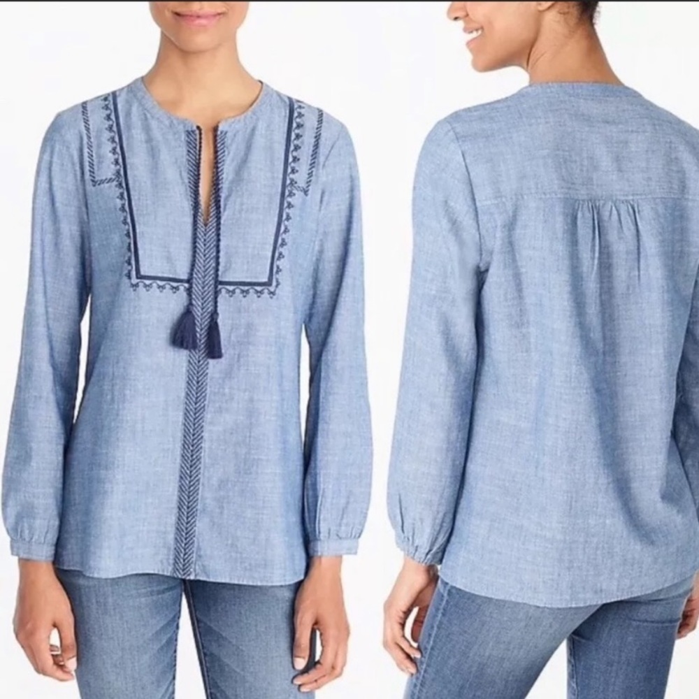 J. Crew Mercantile chambray embroidered tassel top